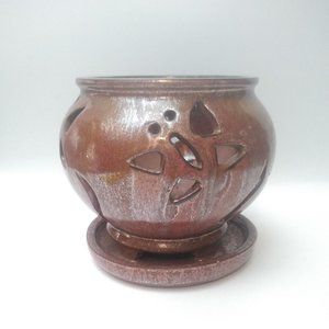 Orchid/Sacculate Flower Pot Cut Out Butterfly Planter Attached Saucer 5.5"T CUTE